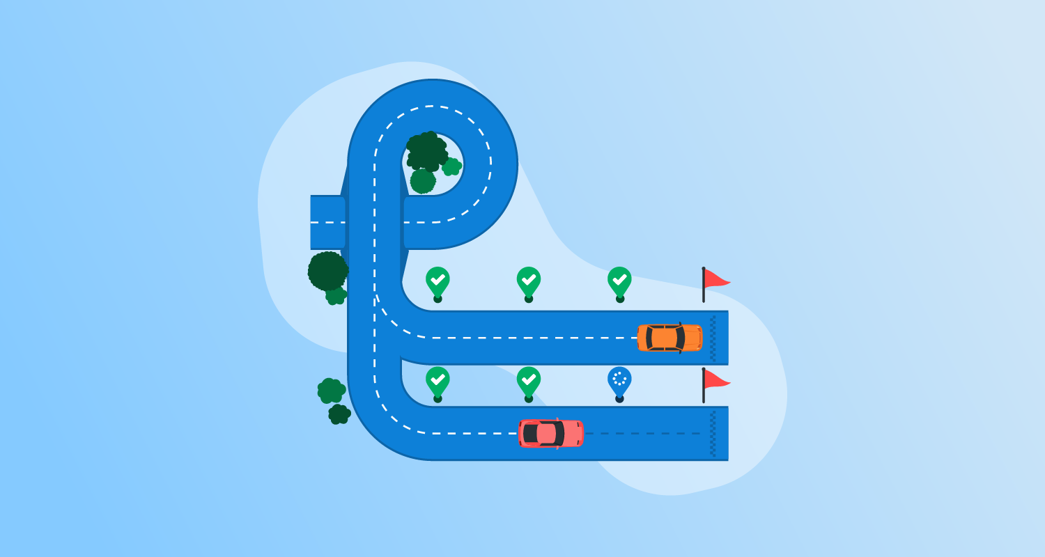 Cars drive past waypoints on a road