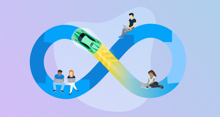 A DevOps cycle with a golden pathway that is giving a speed boost to a race car.